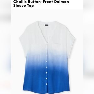 Torrid challis button front dolman top, size 4x, blue and white dip dye